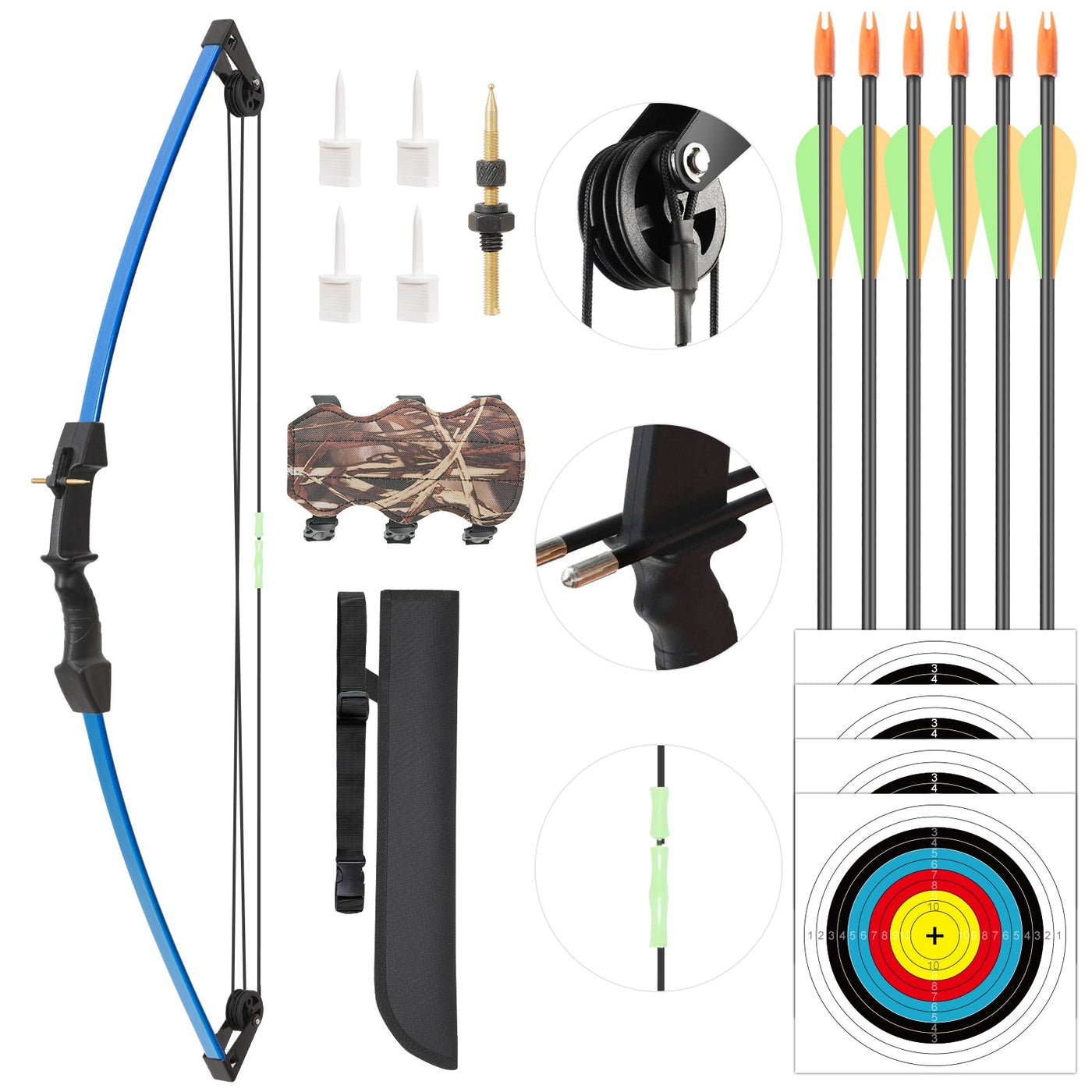 M021 Green 35" Compound Bow& 6 Arrows Set,  for Kids, Ages 6-12