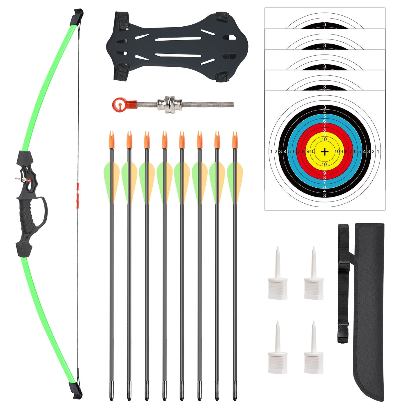 R1 Green Archery Kids Bow& 8 Arrows Set,  for Kids, Ages 6-12