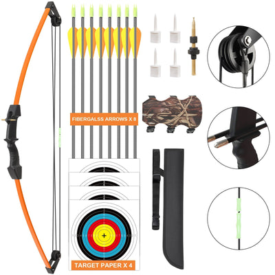 M021 Orange 35" Compound Bow& 8 Arrows Set, for Kids, Ages 6-12