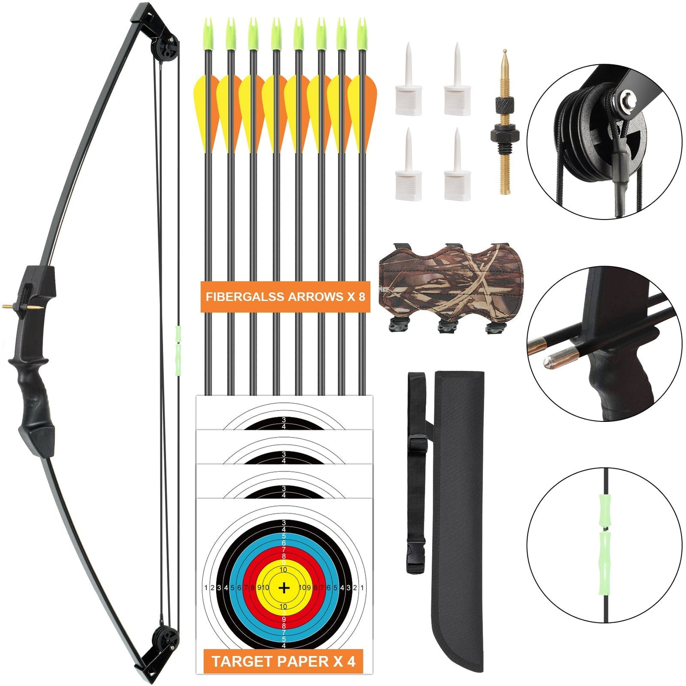 M021 Orange 35" Compound Bow& 8 Arrows Set, for Kids, Ages 6-12
