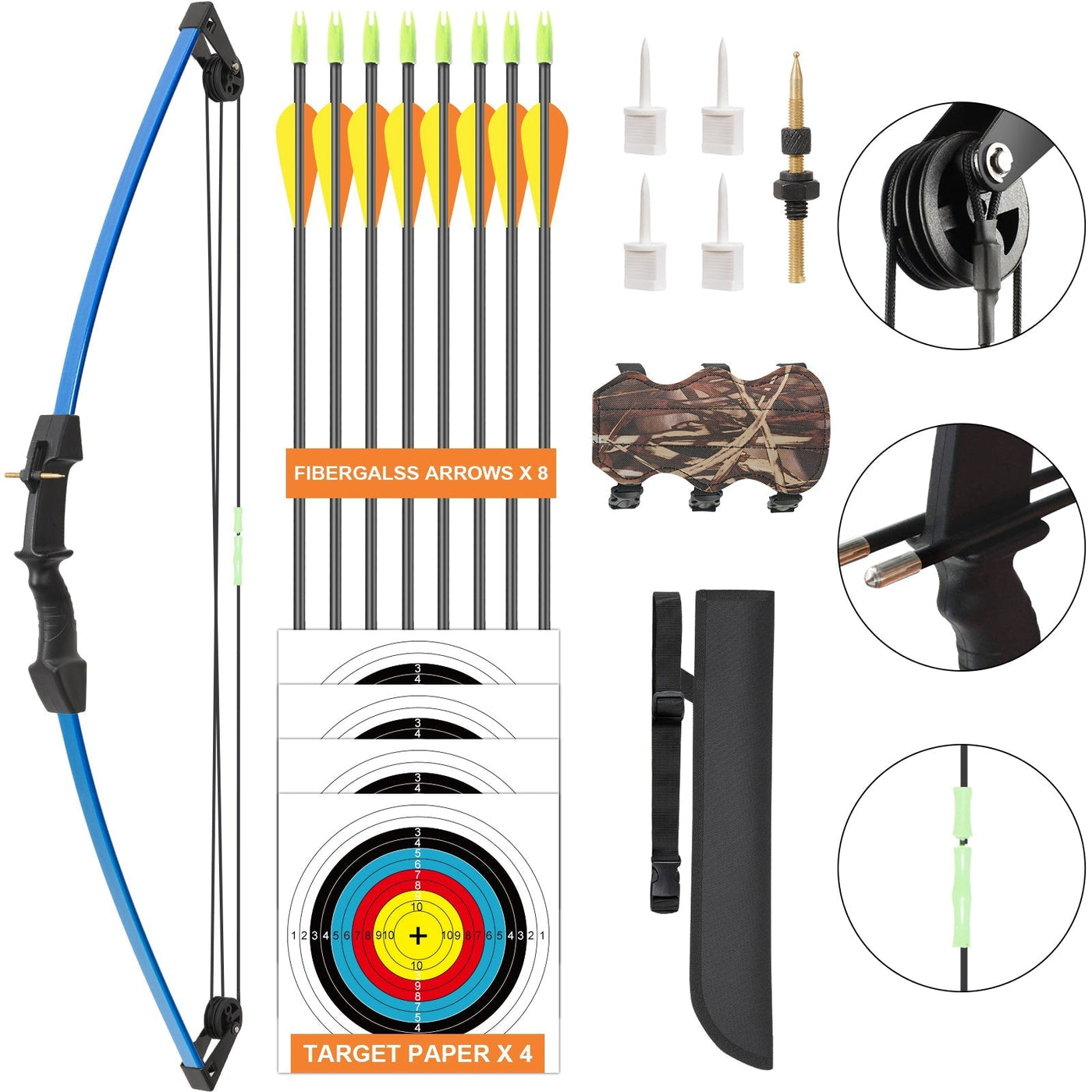 M021 Green 35" Compound Bow& 8 Arrows Set, for Kids, Ages 6-12