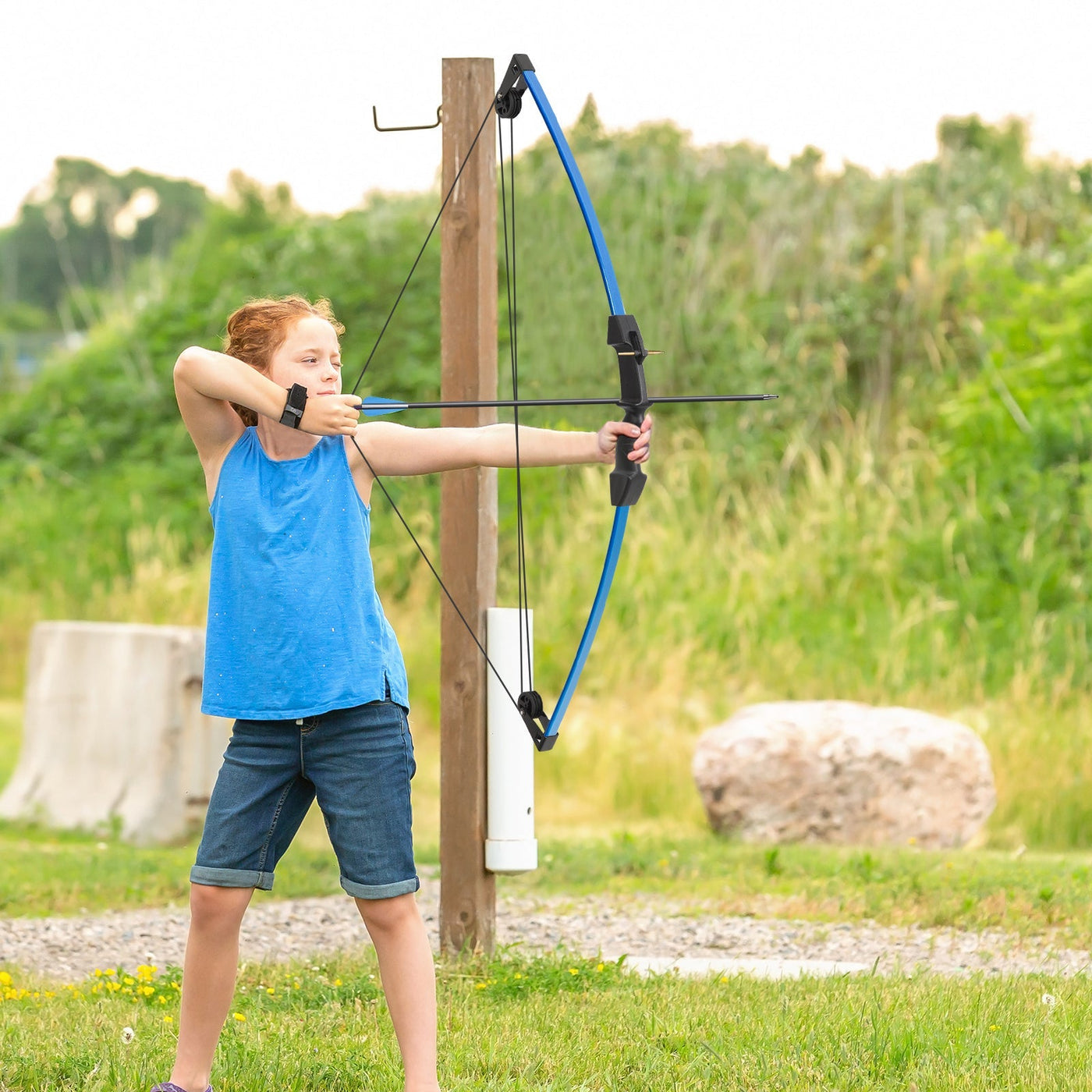 M021 Blue 35" Compound Bow& 8 Arrows Set, for Kids, Ages 6-12